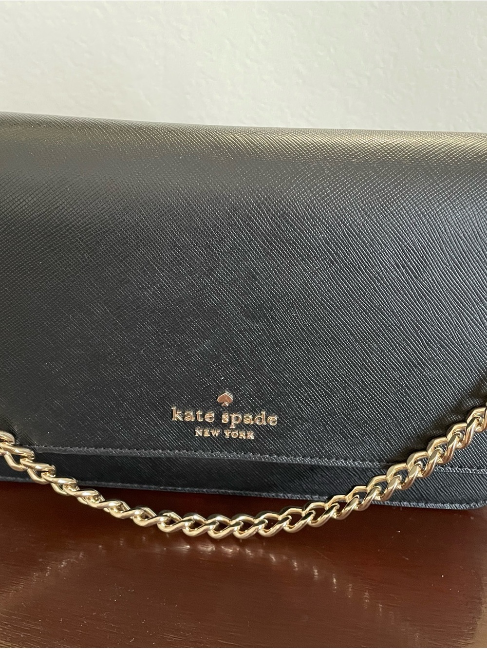 kate spade Madison Black Saffiano Leather Crossbody with Gold Chain